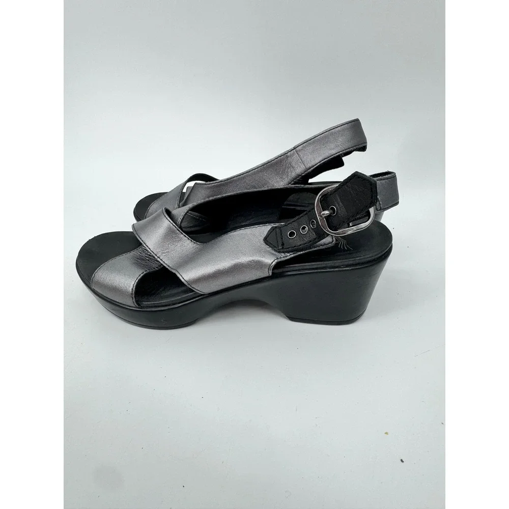 Dansko Sandal Women 37 Silver Metallic Leather Platform Wedge Slingback